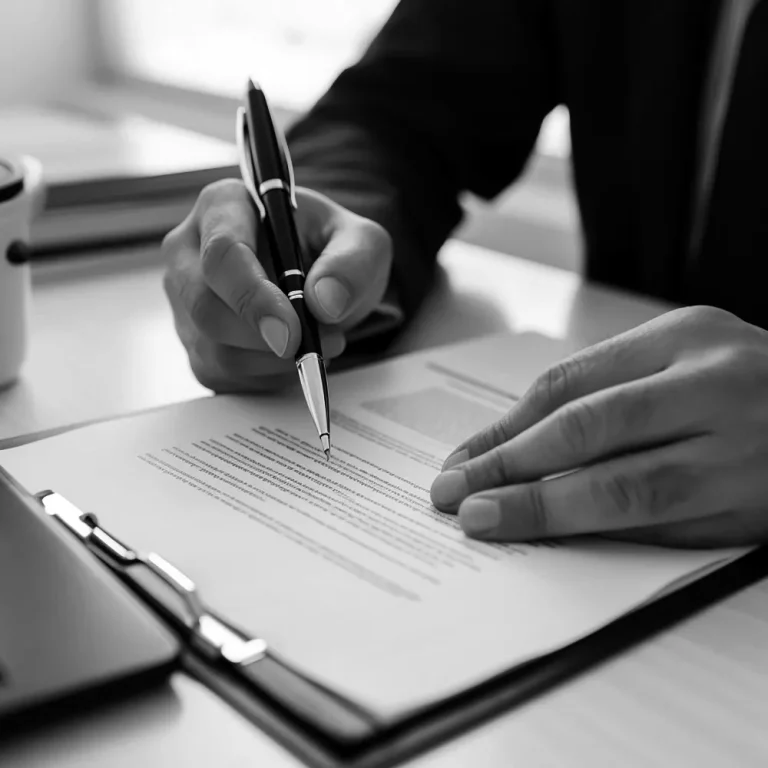 A person holding a pen closely examines a set of legal documents on a clipboard, relevant to college students.