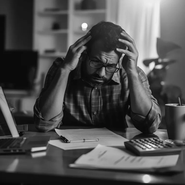 A man looks overwhelmed as he reviews financial documents and spreadsheets related to tax loss harvesting, with a laptop and calculator nearby in a dimly lit room.