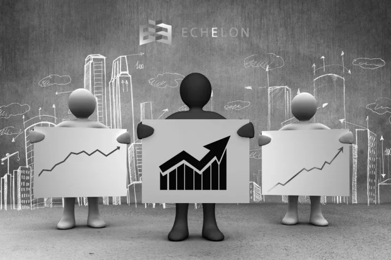 Three stylized figures hold charts with upward-trending lines, symbolizing the relationship between rising fed funds and mortgage rates, set against a backdrop of hand-drawn skyscrapers and arrows.