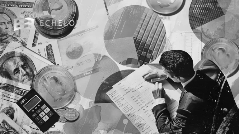 A person in a suit reviews financial documents surrounded by currency symbols, coins, and banknotes, illustrating the theme of the 351 exchange ETF from Echelon.