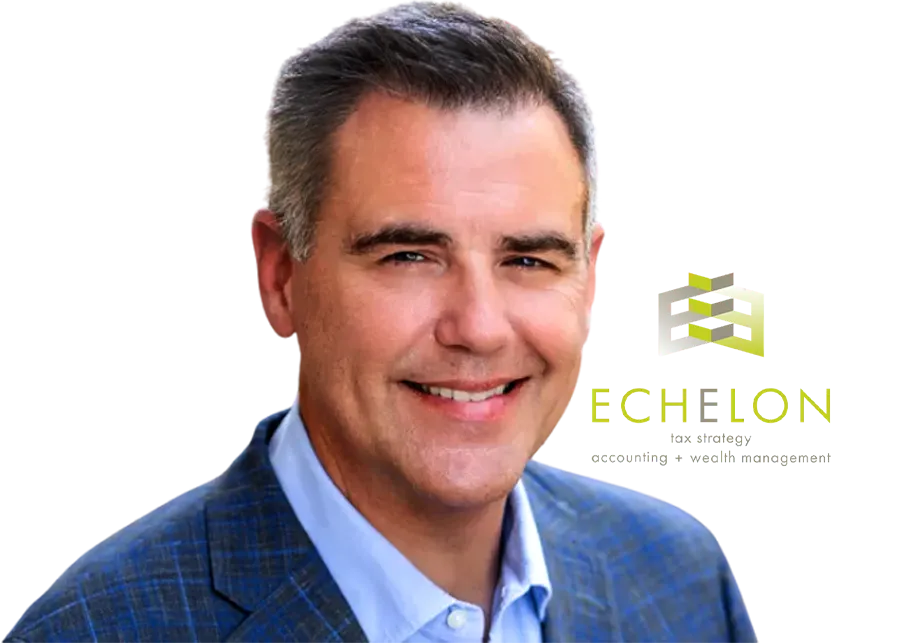 Smiling man in a blue suit jacket, representing financial advisory services for business owners, with the Echelon Wealth Management logo beside him.