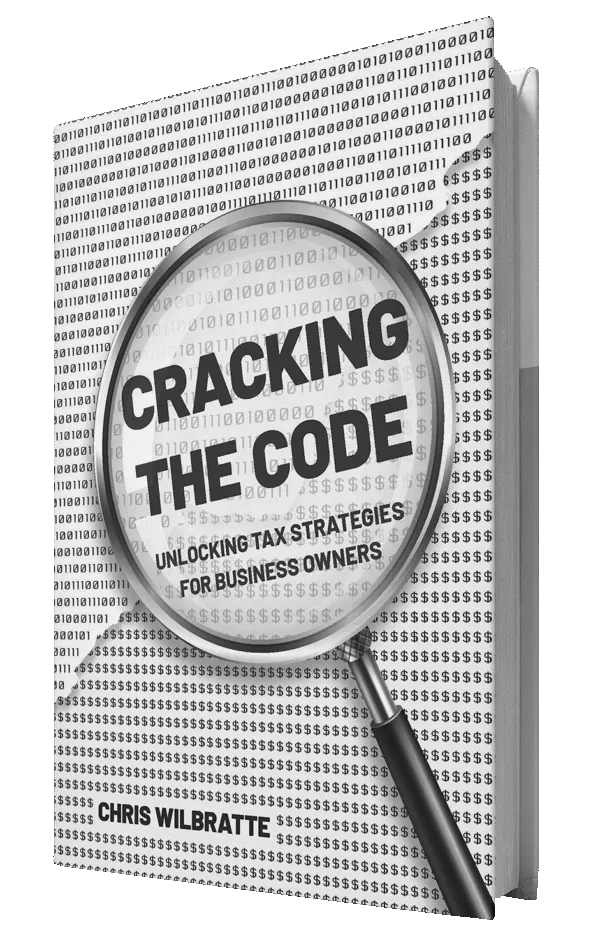 The book cover for "Cracking the Code: Unlocking Tax Strategies for Business Owners" features a magnifying glass over binary code and dollar signs, highlighting its focus on financial strategies for entrepreneurs.