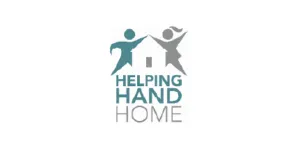 Logo of Helping Hand Home with two stylized figures reaching towards each other above a house graphic.