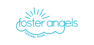 The logo features the words "foster angels" in blue lowercase letters with a stylized sunburst design above the "o.