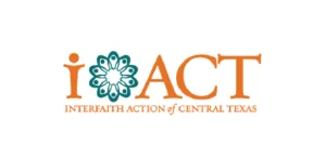 The logo for Interfaith Action of Central Texas (iACT) features the acronym "iACT" with a teal floral design around the "i" and the full name written below in orange letters.
