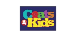The image features a colorful "Coats 4 Kids" logo with playful, multicolored text and a button design for the letter "o.