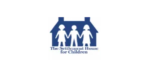 Silhouette of three children holding hands in front of a house with the text "The Settlement Home for Children" below.