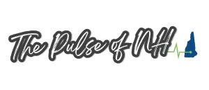 Stylized text reading "The Pulse of NH" with a heartbeat line and the outline of New Hampshire in blue.
