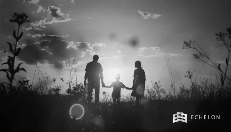 A silhouette of a family holding hands against a sunset backdrop symbolizes the concept of great wealth transfer across generations.