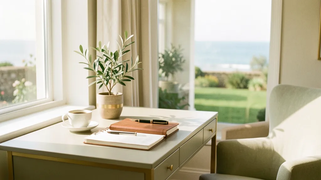 A serene, well-lit office space with a notepad, pen, and coffee cup on a desk, overlooking a lush garden and ocean view, representing the calm and strategic environment ideal for high net worth financial planning.