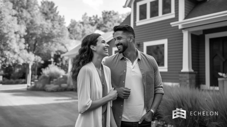 A smiling couple stands outside a suburban home, symbolizing community involvement in the Travis County property tax protest.