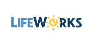 The logo features the word "LIFEWORKS" in blue, with the letter "O" designed as a yellow sun with a spiral center.