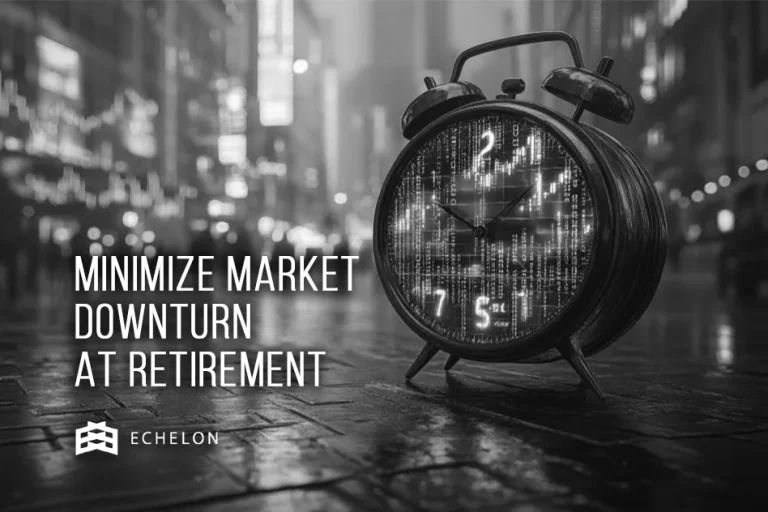 An alarm clock with a matrix-style digital display sits on a city street, emphasizing the sequence of returns risk in retirement planning, alongside the text "Minimize Market Downturn at Retirement" and the Echelon logo.