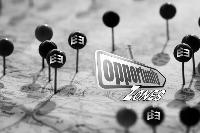 A map featuring several pushpins labeled with "opportunity zones," symbolizing areas eligible for investment through a qualified opportunity fund.