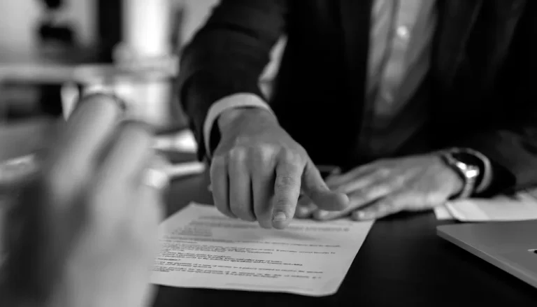 A person in business attire points to a document discussing a defined benefit plan.