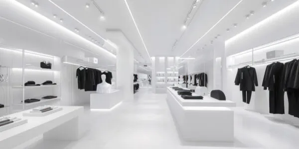 A modern, minimalist clothing store with white walls, bright lighting, and black garments displayed on racks and shelves.