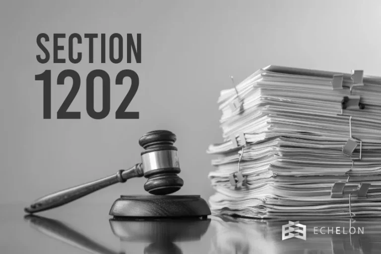 A stack of documents and a gavel are placed beside the text "Section 1202" referencing QSBS, with the Echelon logo in the corner.