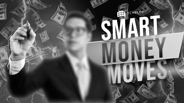A blurred figure in a suit holds a marker with floating dollar bills in the background, overlaid with the text "Smart Money Moves.