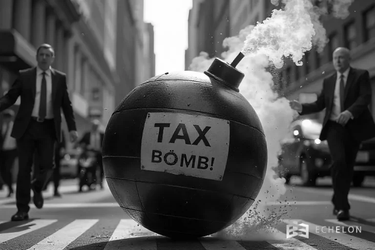A large, cartoon-style bomb labeled "TAX BOMB!" with a lit fuse rests on a city street, symbolizing the impact of capital gains tax on home sales.