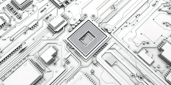 A highly detailed, monochromatic 3D rendering of a circuit board with a central microchip surrounded by various electronic components and pathways.
