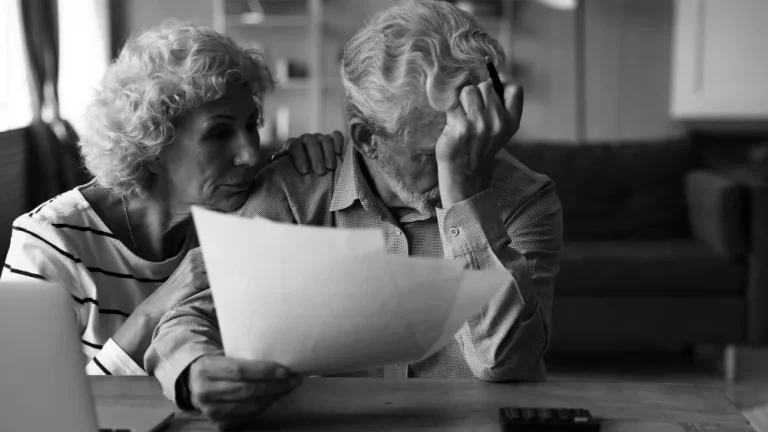 An elderly couple looks worried while reviewing retirement finances, with documents and a calculator on the table.