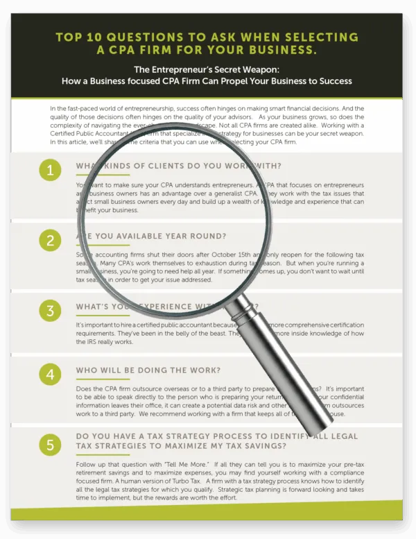 Infographic titled "Top 10 Questions to Ask When Selecting a CPA Firm for Your Business" featuring a magnifying glass highlighting a section of text, with questions such as "What kinds of clients do you work with?" and "Are you available year round?".