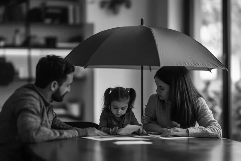 A family sits at a table under an umbrella, with the child in the center holding papers, reflecting a sense of protection and focus on education as a form of enlightenment.