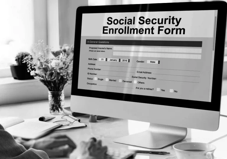 A computer screen displays a Social Security Enrollment Form, emphasizing the importance of determining the best age to take social security.