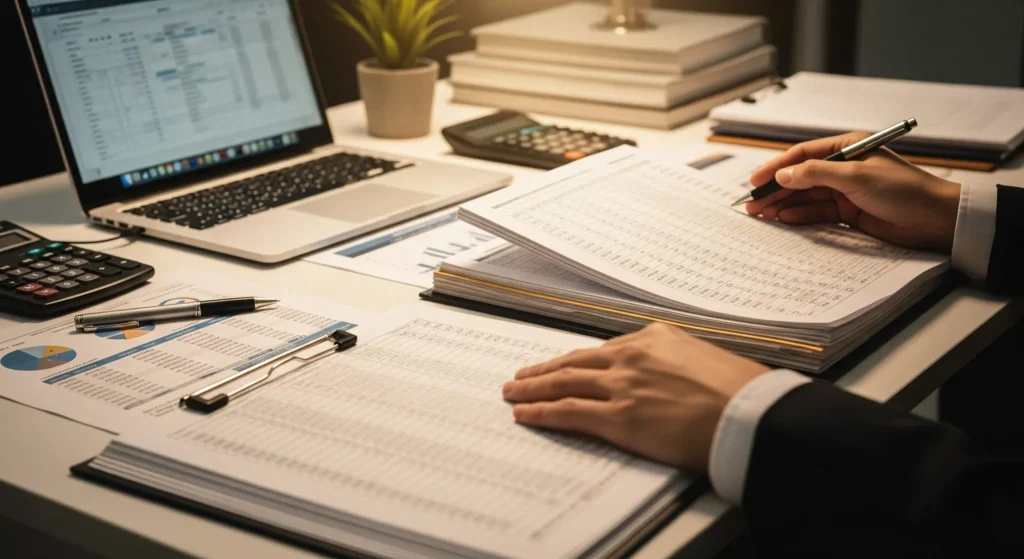 A professional reviews financial spreadsheets at a desk equipped with a laptop, calculators, and charts, illustrating detailed bookkeeping services.