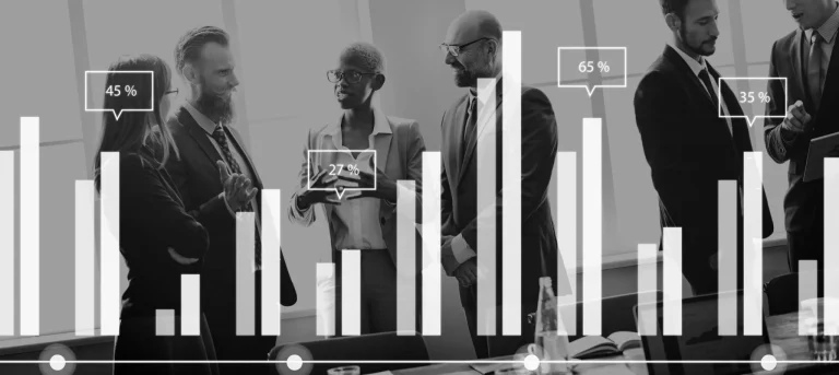 Business professionals engage in discussion about ESOPs, overlaid with bar graphs and percentage labels representing varying levels of employee ownership.