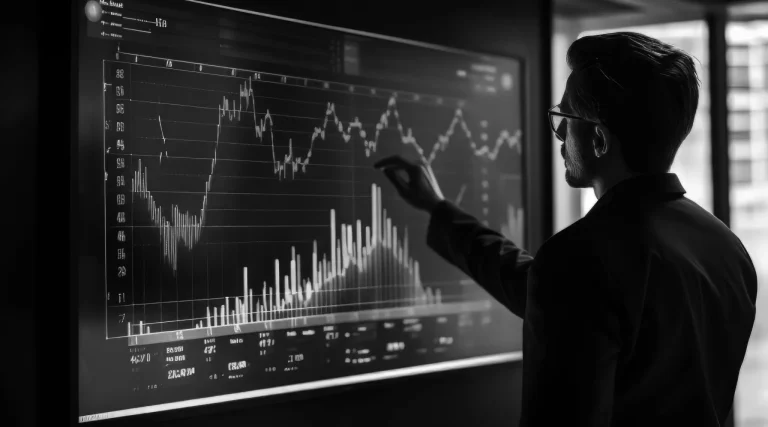 A person analyzes an inverted yield curve on a digital financial chart display, emphasizing the curve's downward trend.