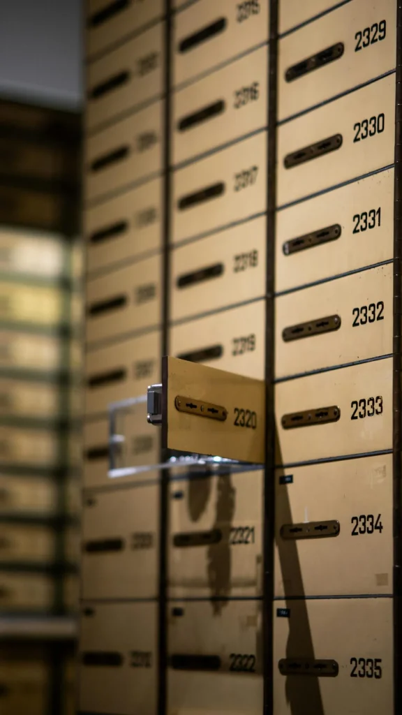A row of secure safety deposit boxes with one open drawer, symbolizing high net worth asset protection and wealth management.