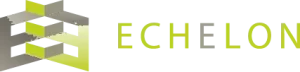 The image shows the word "ECHELON" in uppercase letters with a stylized geometric logo on the left, featuring shades of gray and lime green.