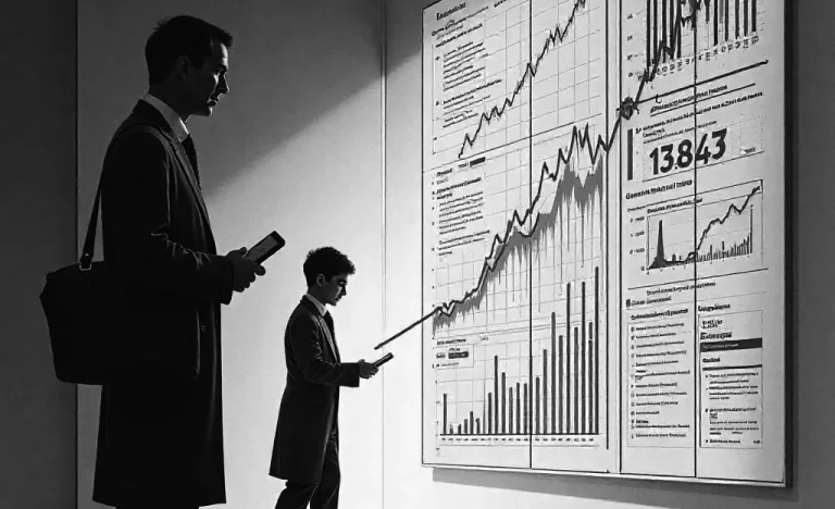 Two professionally dressed individuals examine a large wall display of financial graphs and charts, illustrating the concept of direct indexing.