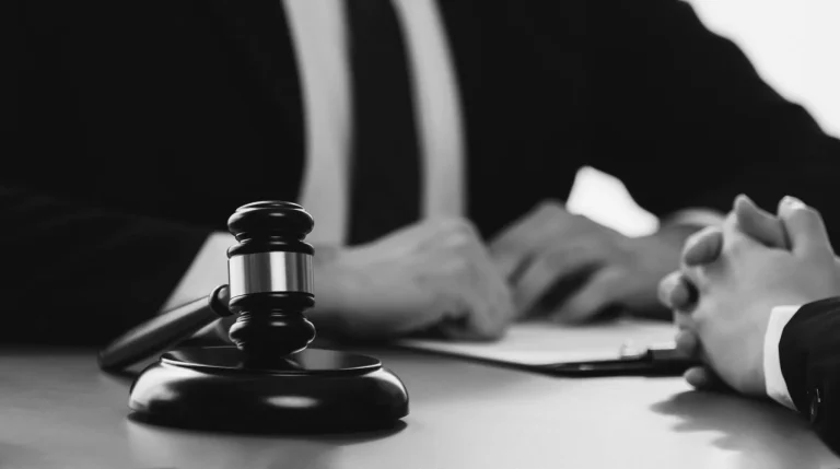 A fiduciary financial advisor in formal attire sits at a desk with a gavel, symbolizing authority and responsibility.
