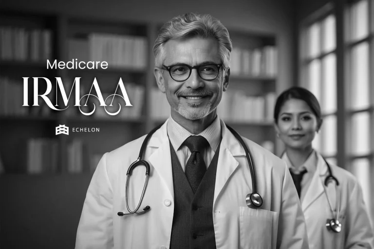 Two doctors wearing white coats and stethoscopes stand confidently in a library, accompanied by the text "Medicare IRMAA" and the Echelon logo, illustrating the context of Medicare IRMAA brackets in 2026.