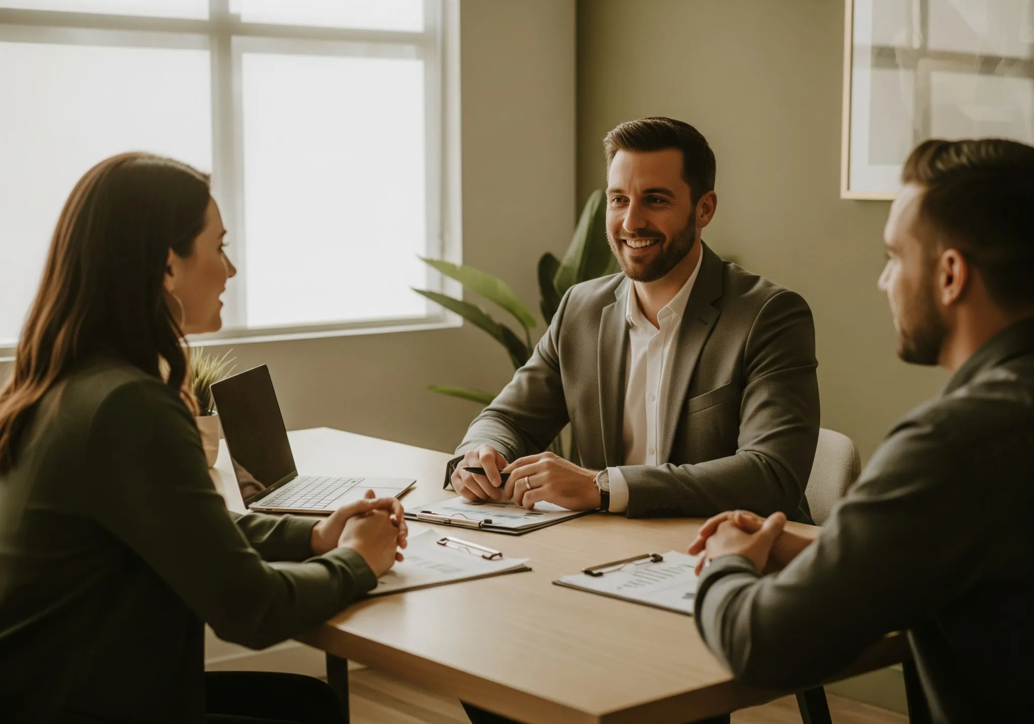 Three people are having a meeting in a bright office, with a financial advisor for business owners discussing tax preparation in Austin.