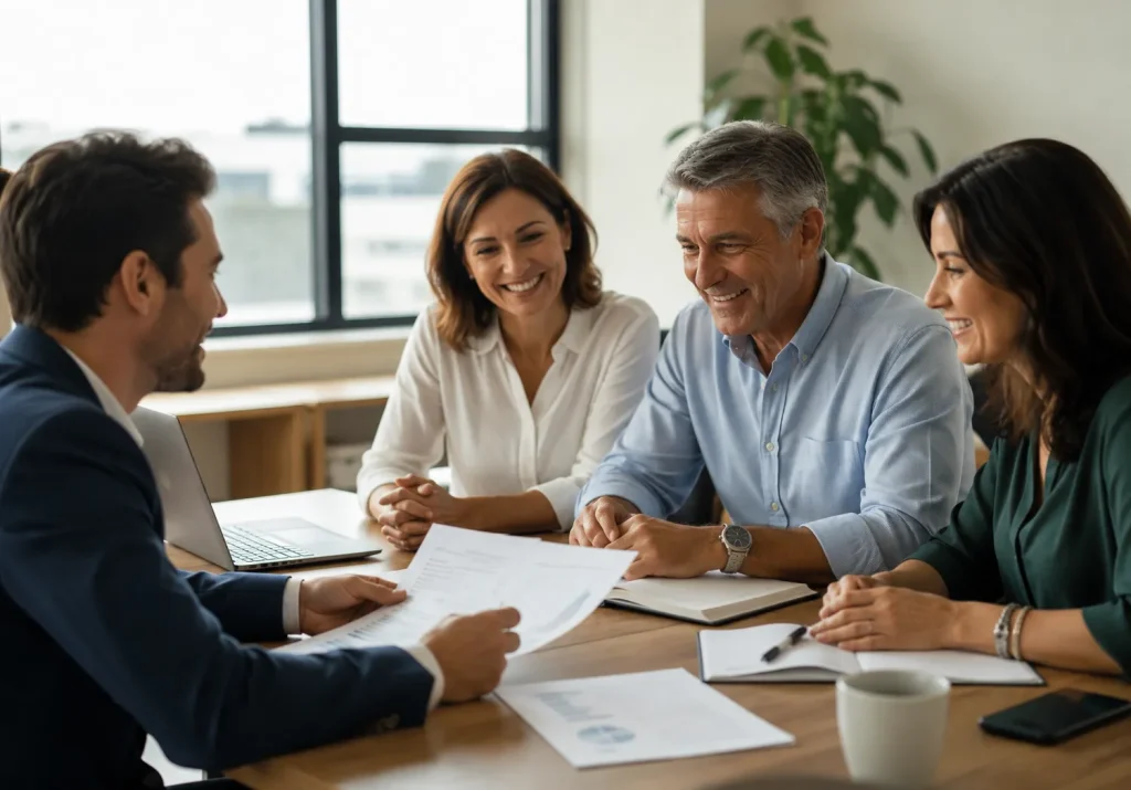 A professional sharing financial documents with three clients, symbolizing a meeting focused on high net worth wealth management.
