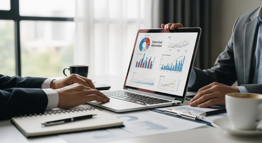 Two professionals in suits discuss investment strategies, analyzing graphs and charts on a laptop screen in a high net worth wealth management setting.