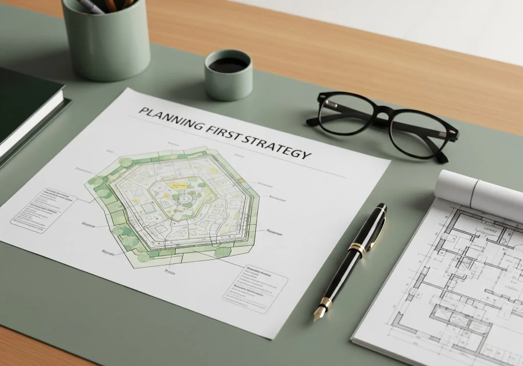 A desk setup for high net worth wealth management, featuring a strategic planning document, architectural plans, a fountain pen, eyeglasses, and a cup filled with pens.