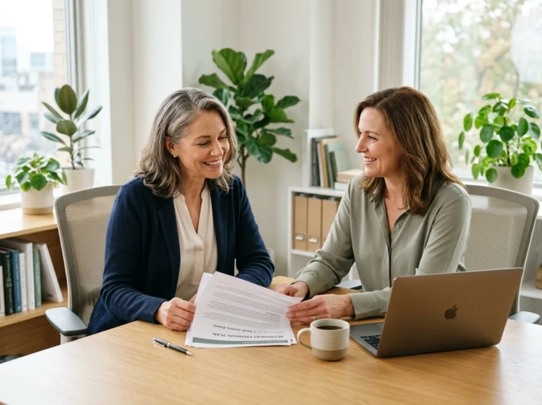 A smiling woman reviews her financial plan with a female financial advisor at a bright office table.